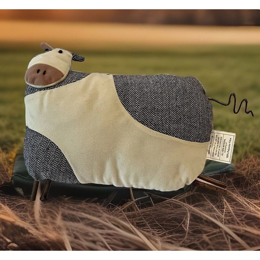 Wool Felted Stuffed Cow Decor Pillow Animal Rustic Country Farmhouse Primitive